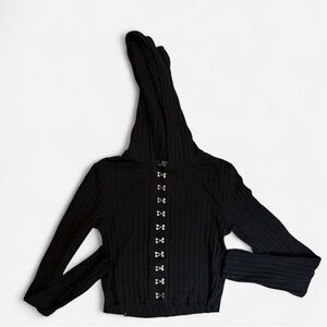 Black Ribbed Hoodie with Silver Hook Eye